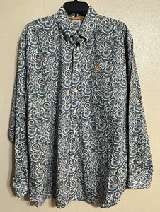 Cinch Men’s M Western Paisley Long Slv Button Shirt Teal Plaid Trim - Picture 1 of 12