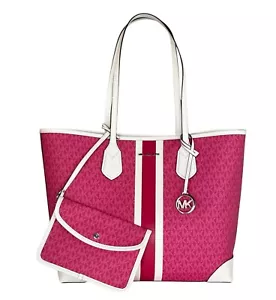 MICHAEL KORS EVA LARGE TOTE TRAVEL BAG + 1 POUCH CENTER STRIPE MK DRAGON FRUIT - Picture 1 of 13