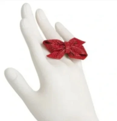 Betsey Johnson Red Sparkly Bow Rhinestone Holiday Ring Stretch $48 - Image 1 of 4