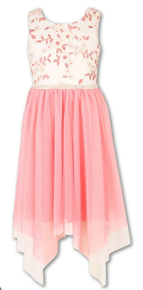 Speechless Big Girl's Sleevess Floral Embroidered Hanky-Hem Fanciful Dress-16 - Image 1 of 3