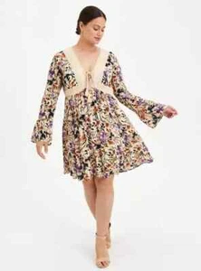 TORRID Dress 1X Mini Gauze Lace Up Skater Tassled Boho Lined Bell Long Sleeve - Picture 1 of 16