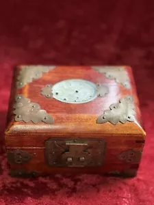Antique Jewelry Trinket Box Wood Brass Jade Green & White Silk Inlay - Picture 1 of 7