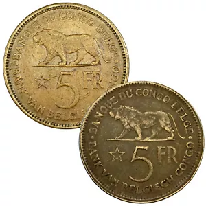 CONGO BELGA 5 Franchi 1936/37 Nichel-Bronzo XF Leone (2 monete) - Foto 1 di 5