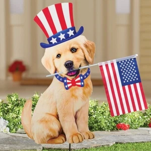 Patriotic 4th of July Yellow Lab Puppy Dog w/ USA Flag Metal Yard Garden Stake - Picture 1 of 1