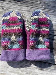 Handmade Upcycled Wool Sweater Mittens Fleece Lined Cashmere Cuff Geometric - Picture 1 of 3