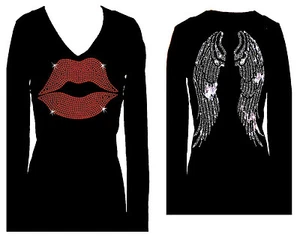 CAMISETA DE MANGA LARGA CUELLO EN V CON CUELLO EN V ROJO LABIOS ANGEL ALAS RHINSTONE - Imagen 1 de 3