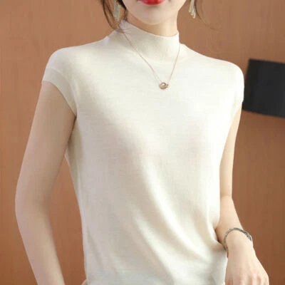 Lady Solid Knit Turtle Neck Jumper Shirt Sleeveless Sweater Vest Tank Top Chic - Image 1 of 4