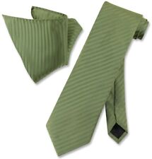 Vesuvio Napoli OLIVE GREEN Striped NeckTie Handkerchief Matching Neck Tie Set