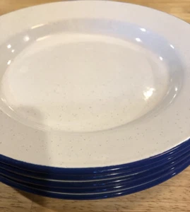 6 Pottery Barn 11,75" Weiß Emaille Essteller Marineblauer Rand Camping Camper - Bild 1 von 8