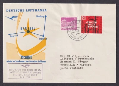 Germany 1958 Air Mail Cover Flight LH 414 Hamburg Frankfurt Brussels New York - Image 1 of 3