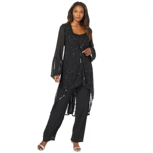 $229 Roaman's Black Beaded Chiffon 3 Piece Jacket Tank Pant Set 34W NEW R626 - Picture 1 of 24