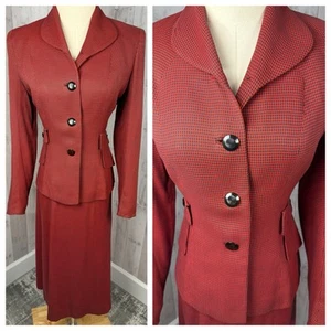 Vintage 1940s Red & Black Houndstooth Skirt Suit 36B x 28W Nipped Waist WWII - Picture 1 of 21
