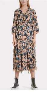 Abito midi Marc Cain blu stampa uccellino orlo pizzo N6 UK18 nuovo senza etichette G27 - Foto 1 di 7