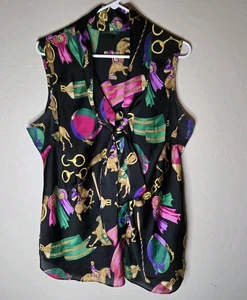 Lauren Ralph Lauren Equestrian Print Tie Neck Sleeveless Blouse Size 18W - Picture 1 of 11