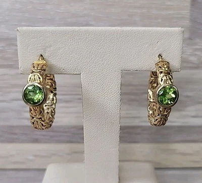 Designer Gold Vermeil Sterling Silver & Peridot 1" Pierced Hoop Earrings! 11 - Image 1 of 4
