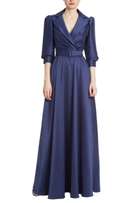 Badgley Mischka Modest Long Sleeve V Neck Mikado Belted Collared Gown MOB Oscar - Image 1 of 2