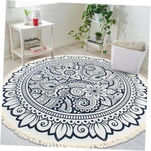 Round Rug Blue Boho Farmhouse Rug Circle Bohemian Play Rug Floral 4Ft Paisley - Picture 1 of 8