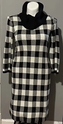 Vestido Suéter Talbots Grande Cuello Tortuga Capucha Negro Blanco Cuadros Mezcla Cachemira Foto 1 de 4