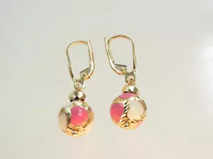 Beautiful Long Christmas Bauble Earrings 585 Yellow Gold Red White - Picture 1 of 7