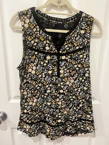 Lucky Brand Floral Sleeveless Tank Top Crochet Accent Boho Black yellow Size L - Picture 1 of 8