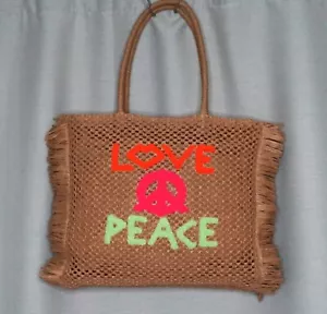 Hippie Bast Tasche Strohtasche Korbtasche Basttasche Braun Love Peace Neon Neu - Bild 1 von 13