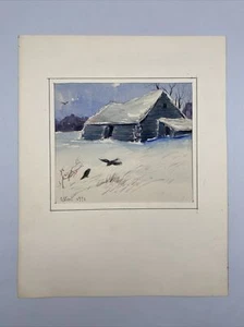 1970 ' Winter Cottage' Paper Matted Original Watercolor Painting C. Stuart - Picture 1 of 12