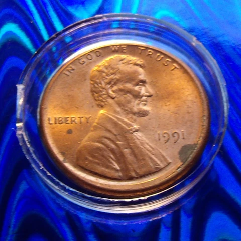 1991 ERROR USA Lincoln Penny,  OFF CENTER Slightly with Broadstruck rim details Cover