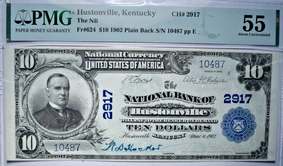1902 $10 PLAIN BACK NATIONAL BANK OF HUSTONVILLE, KY #2917 LOOKS UNC! PMG AU55! - Image 1 of 2