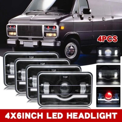 4pcs Fit GMC C1500 Suburban G2500 G3500 Van 4x6'' LED Headlights Hi/Lo RED DRL - Image 1 of 4