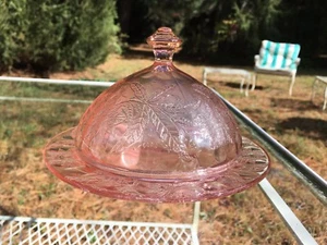 Floral Poinsettia Pink Depression Glass Butter Dish Jeannette Glass 1931-1935  - Picture 1 of 12