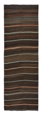 4.3x12.2 Ft Handwoven Vintage Striped Brown Kilim Runner. Flat-Weave Turkish Rug - Image 1 of 4