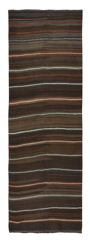 4.3x12.2 Ft Handwoven Vintage Striped Brown Kilim Runner. Flat-Weave Turkish Rug - Image 1 of 4