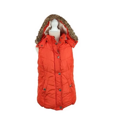 Green Tea Hooded Puffer Vest Sz Med Orange Red Faux Fur Zip Snap Up Sherpa Lined Foto 1 de 4