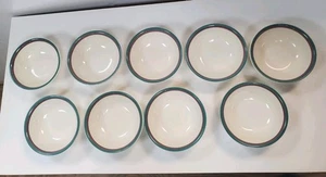 Set of 9 Pfaltzgraff Juniper Cereal Soup Bowls 6” Green Mauve Bands - Picture 1 of 16