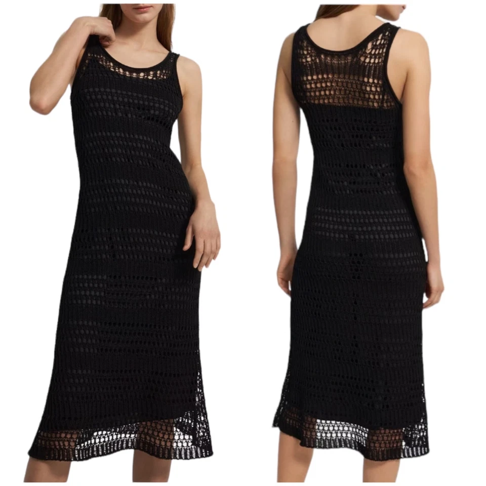 Theory Women's Black Open-Knit Sleeveless Midi Sweater Dress Size Large