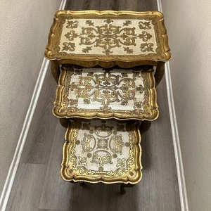 Set Of 3 Vintage Italian Florentine Nesting Tables - MCM - Gold Tone - Picture 1 of 18