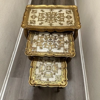 Set Of 3 Vintage Italian Florentine Nesting Tables - MCM - Gold Tone - Image 1 of 4