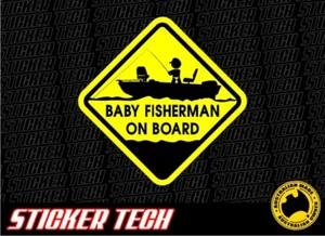 WARNING SAFETY BABY FISHERMAN ON BOARD STICKER DECAL SUITS FISHING BOAT FISH ROD - Picture 1 of 1