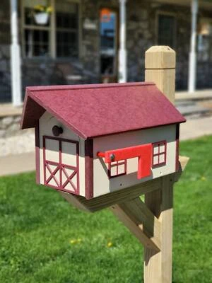 Buzón de granja - Techo y moldura de cerezo, caja de marfil - Buzón de granero Amish poli L Foto 1 de 4