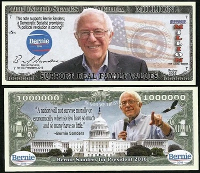 Bernie Sanders Million Dollar Bill 2016 Funny Money Novelty Note + FREE SLEEVE