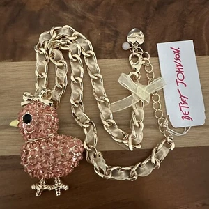 NEW Betsey Johnson Orange Chicken Chick Chickadee Pendant Necklace Ribbon Bow - Picture 1 of 4