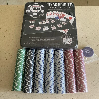 WORLD SERIES OF POKER TEXAS HOLD'EM POKER SET & COLLECTOR'S TIN + ASST 350 CHIPS - Image 1 of 3