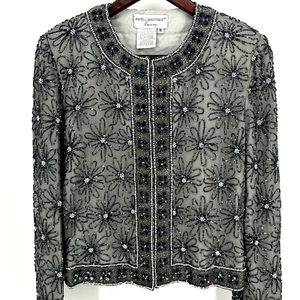 Chaqueta Adrianna Papell Boutique Noche Vintage Seda Floral Cuentas Gris Pequeña - Imagen 1 de 13