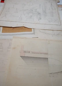 ENSEMBLE 5 DESSINS ORIGINAUX ARCHITECTURES XIXEME Signé PONTS OUTILS Blazy - Picture 1 of 8