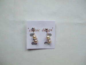 Clip On Classic Ivory Pearl Ball Top & Bottom Drop Earrings Crystal Stones - Picture 1 of 1