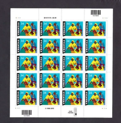 US Scott# 3548 2001 34c Booklet Pane of 20 Kwanzaa V1111 RLM MNH VF - Image 1 of 2