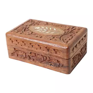 Vintage Hand Carved Floral Inlay Lined Wooden Jewelry Box India Storage Box - Picture 1 of 9