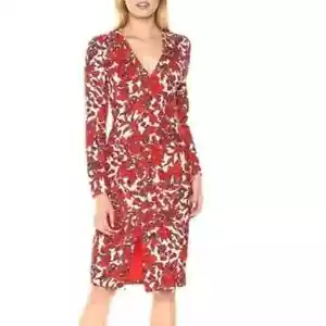 BLACK HALO Dress Sambrosa Long Sleeve V Neck Red Floral Midi Slit NWT 0 $425 - Picture 1 of 16