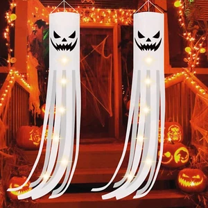 CCINEE 2 Pack Halloween Ghost Windsock Flag with Lights, 70.8 Inch Glow in the D - Picture 1 of 12