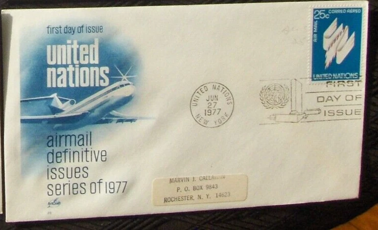 United Nations FDC  25c AIRMAIL DEFINITIVE ISSUES of 1977. (1-75) - Image 1 of 1